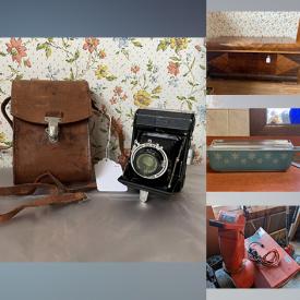 MaxSold Auction: This online auction features: Vintage camera Zeiss Ikon BR1, Vintage Kodak instamatic 104 BR1, Fellowes P-7C paper shredder BR1, Brass Bankers lamp with green cased glass shade BR2, 24 in JVC flat-screen television BR2 and much more!