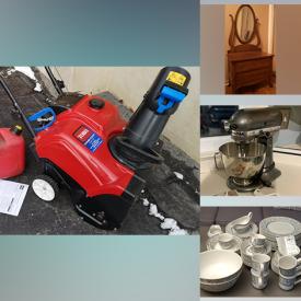 MaxSold Auction: This online auction features furniture such as chairs, Eastlake table, trestle table, dressers, bookshelf, Muskoka chairs, coffee table and more, wall art, cleaning supplies, kitchenware, Johnson Bros dishware, Kitchenaid stand mixer and other small kitchen appliances, lamps, Lawnboy lawnmower, Toro snow thrower, garden decor, Christmas decor, Swarovski ornaments, pet supplies, sporting goods and much more!