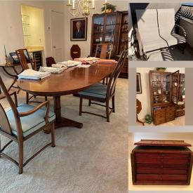 MaxSold Auction: This online auction features furniture such as a Henredon dining table and chairs, china cabinet, loveseat glider, high top table and chairs, baker's rack and more, Suncast storage, tea cup set, art, vacuum, tools, small kitchen appliances, dishware, silverplate, books and much more!