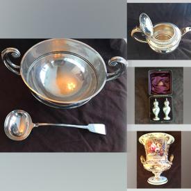 MaxSold Auction: This online auction features Sterling Silver Serving Pieces, Sterling Silver Candlestick Holder, Salt Bowl Set, Teaspoon Collection, Decorative Plates, Framed Wall Art, Sewing Notions and much more!