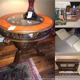 MaxSold Auction: This online auction features outerwear, console tables, standing jewelry case, vintage washboard, board games, art pottery, antique Tiger Oak wood buffet, futon, art glass, vintage buffet, washstand, office supplies, small kitchen appliances, power tools, wood masks and much more!