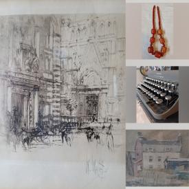 MaxSold Auction: This online auction features items such as Original Art By Edwin La Dell, Tea Set, Decanters, Books, Antique Desk, Imperial Typewriter, Dresser, Signed Original Water Color, Framed Art Prints, Storage, Wine Rack, Metal Chair & Umbrella, Sofa Table and much more!