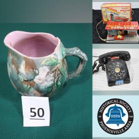 MaxSold Auction: This Charity/Fundraising Online Auction benefitting the Historical Society of the Phoenixville Area features Vintage items such as Toy, Cookie Jar, Advertising Wood Box Crate, Books, Cameras, Chinese Mud Figures, Bottles, and Comics, Lladro Porcelain Ornament, Coins, Bossons Collectible Wall Hanging, Gold Jewelry, Majolica Milk Pitcher, Art Glass, Stained Glass Pieces and much more!