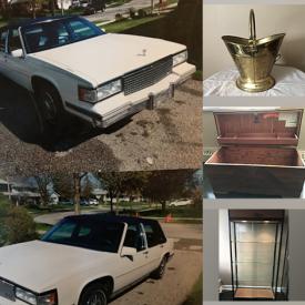 MaxSold Auction: This auction features a Cadillac, coffee table, table lamp, cabinet, footstool, dresser, picture frames, fireplace screen, wall lights, display case, glassware, statues, TV, curio cabinet, silverware and much more!