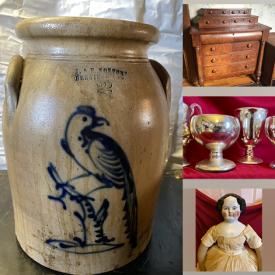 MaxSold Auction: This online auction features antique sterling silver, Spode china, Wedgwood, Limoges, furniture such as antique barrister’s cabinet, empire style bureau, pine table, vintage oak desk and marble top table, framed wall art, stoneware and much more!