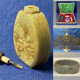 MaxSold Auction: This auction features jewelry, pendants, carved stones, Chinese wooden carved books, Vintage Chinese Hand Painted Porcelain Calligraphy Paint Set, Carving Set, vases, globe with compass, fireplace screen and much more!