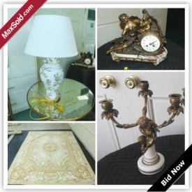 MaxSold Auction: This online auction features home decor, rugs, furniture and collectibles such as clocks, coffee table, lamps, mirrors, wedgwood mugs, candelabras, end table, clocks, figurines and much more!