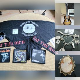 MaxSold Auction: This online auction features a wide variety of bracelets, earrings, necklaces and set jewelry, brooches, misc lots, guitar, punk lots, army boots and much more!