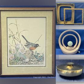 MaxSold Auction: This online auction features Framed & Signed Artist’s Proof, Signed Native American Limited Edition Print, MCM Lighting, Stone Carvings, Vintage Bottles, Teacup/Saucer Sets, Copper Mask Wall Art, Depression Glass, Art Glass, Chinese Silver Dragon Pipes and much more!