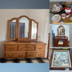 MaxSold Auction: This online auction features furniture such as a hope chest, microfiber sofa, oak dining chairs, antique vanity, oak dresser, nightstands, office chair and more, tools, Marty Bell art, faux ficus tree, VCR, Asian platter and more!