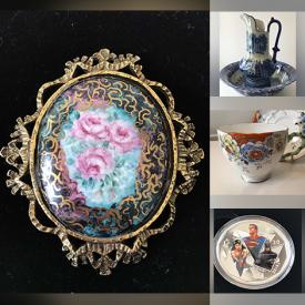 MaxSold Auction: This online auction features limoges porcelain brooch, cameo set, coro brooch, costume jewelry, MOP jewelry, rhinestone jewelry, gold brooch, vintage animal figures, signed Wedgwood - Hammersley- Royal Winton-Royal Daulton, ceramic bird figurine, barware, glassware, Wade figurine, kitchen utensils, Pyrex bowls, bakeware, pottery, antique  bookends, chalkware, toby mugs, vanity set, wooden figurine, Spode - Royal Albert - Royal Stafford - Royal Winton - Paragon tea cups, decanter, marbles, antique Tureen, Goebel figurine, McCoy cookie jar, Royal Doulton mug, luncheon sets, depression glass, Spode collector plates, Shiriff hockey coins, toy soldiers, Tenderleaf tea figures, antique scale, RCM coins, stamps, dishes and much more.