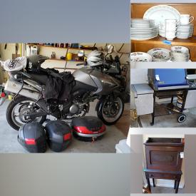 MaxSold Auction: This online auction features a Suzuki DL650 motorcycle, furniture such as tables, chairs, Ethan Allen desk, barrister bookcases, media cabinet, Ethan Allen chairs and more, books, Lenox china, Royal Worcester, Woods Ware, Haviland china, portable grafonola, glassware, kitchenware, small kitchen appliances, skiing equipment, yard tools, vintage toys, gardening tools, Weber grill, accessories and much more!