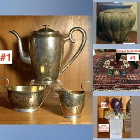 MaxSold Auction: This online auction features sterling silver, art glass, silver plate, porcelain, antique Imari dishware, furniture such as mahogany sideboard, MCM credenza, vintage birch chair, mahogany side table and hard wood arm chair, table lamps and much more!