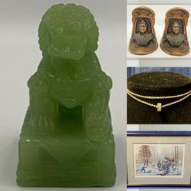 MaxSold Auction: This online auction features Gold Jewellery, Crystal Bowls, Art Glass, MCM Pottery, Chinoiserie Decorative Ceramic Orbs, Antique Chinese Wedding Basket, Cast Iron Candleholder, Porcelaine Door Knob, Jade Necklace, Wedgwood Jewellery, Jadeite, Coins and much more!