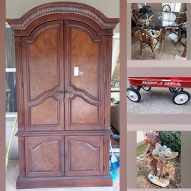 MaxSold Auction: This online auction features entertainment centers, corner shelving unit, mosaic lanterns, beveled mirrors, metal wall art, Conair clothes steamer, garden statues, outdoor pot plants, garden table and chairs and much more!