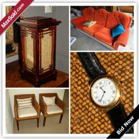 MaxSold Auction: This online auction features Gucci watch, artworks and home decors, furniture, collectibles, jewelries and electronics such as oriental themed lamp, hall table, prints, chairs, side board, vase, royal doulton clock and much more!