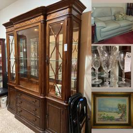 MaxSold Auction: This online auction features furniture such as Thomasville display cabinet, china cabinet with hutch, Natuzzi leather sofa, and bookcases, patio furniture such as metal bench, crystal such as goblets, bowls, and sherbet glasses, home décor such as signed painting and Danbury mugs and much more!