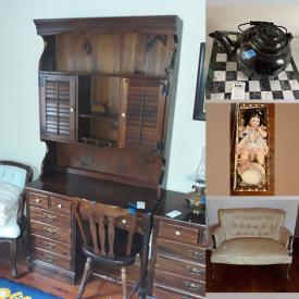 MaxSold Auction: This online auction features fine china, vintage sports cards, collector dolls, silver plate, vintage toys, framed artwork, glassware, concrete planters, outdoor decor, hand tools, office supplies, Ethan Allen desk with hutch, dressers, vintage loveseat, handbags and much more!