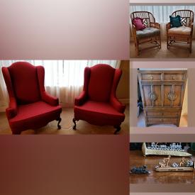 MaxSold Auction: This online auction features fine china, Christmas decor, furniture such as bamboo chairs, wingback chairs, vanity set, and dresser, costume jewelry, stair lift, serving ware and much more!