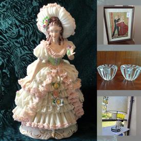 MaxSold Auction: This online auction features Art Glass, Vintage Lidded Glass Containers, Milk Glass, Vintage Retro Ashtrays, Vintage Dresden Figurine, Teacup/Saucer Sets, Art Pottery, Gold & Diamond Ring, Clarinet, Wooden Toys, Golf Clubs, Costume Jewelry, Lladro Figurine and much more!