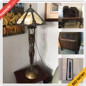 MaxSold Auction: This online auction features Hummel, Royal Albert, crystal ware, Belleek, vintage lamps, furniture such as Japanese carved writing desk, hall table, antique secretary and leather sofa, home decor, glassware, framed art and much more!