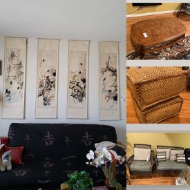 MaxSold Auction: This online auction features furniture such as wicker style chairs, coffee table, bookcase, entertainment center and more, small kitchen appliances, vases, serving ware, Spa brush, candles, Asian art, lamps, woven throw cushions and much more!