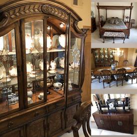 MaxSold Auction: This online auction features furniture such as American Drew tansu buffet, mahogany nesting tables, four poster king bed, double pedestal dining table, leather couch, oak china cabinet, vintage chairs and much more!