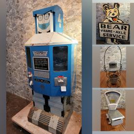 MaxSold Auction: This online auction features vintage robot vending machine, vintage advertising, silver plate, crystal ware, furniture such as Gibbard cabinet, antique sideboard, and antique chair, area rugs, lamps, pottery, signed oil painting, albums, stereo receiver and much more!