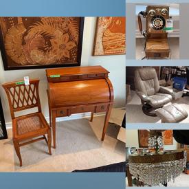 MaxSold Auction: This online auction features a rolltop desk and chair, bookcases, office chair, table and chairs, corner shelf, desks, chair and ottoman, art, extension ladder, pinwheel plates, small kitchen appliances, Coleman propane stove, Samsung Blu-Ray player, mirror, retro wall phone, vintage chandelier and more!