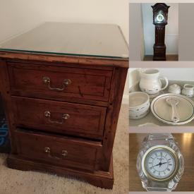 MaxSold Auction: This online auction features grandfather clock, Wedgwood, Ethan Allen furniture such as sofa, chair with ottoman, dressers and side tables, CDs, framed wall art, small kitchen appliances and much more!