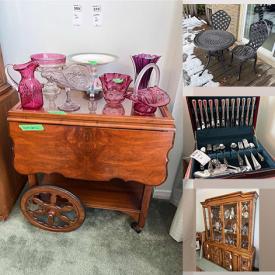 MaxSold Auction: This online auction features Antique chairs, Pine Cabinet, Thomasville display cabinet, hall bench, glass and crystal items, Grandfather clock, lamps, dehumidifier, exercise bike and gears, gardening tools and much more!