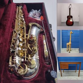 MaxSold Auction: This online auction features Alto Saxophone, Harmony Stella Guitar, Vintage Butcher Block, MCM Teak Furniture, Wood Statue, New Men's Boots and much more!