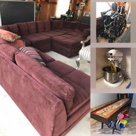 MaxSold Auction: This online auction features furniture such as an MCM sofa, end tables, shelving units, 1970's shuffleboard, nightstands, armoire, headboards, sectional sofa, Lane upholstered chair, china hutch, Natuzzi leather sofa, TV stand and more, cleaning supplies, small kitchen appliances, kitchenware, office supplies, books, dresses, garden tools, wheelchairs, decor, ladder, wall art and much more!
