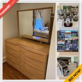 MaxSold Auction: This online auction features furniture such as Haywood Wakefield tables, bureaus, nightstand and bed frame, dishware, glassware, table lamps, Avon collectibles, record albums and much more!