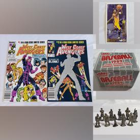 MaxSold Auction: This online auction features comic books such as West Coast Avengers, Hulk, Punisher and others, hockey cards, football cards and others, coins, toy cars, medieval figures, He-Man figures, commemorative 1970s hockey game puck, books, LPs, Kiss poster, decals, magazines and much more!