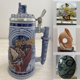 MaxSold Auction: This online auction features Kambaba Jasper, Utah Navajo Sandstone, Pendants such as Jasper, Dalmatian, moss agate, rings, Jade facial massage roller, wooden carved items, Brahma leather hat, Cloisonne China, Vintage Royal Albert bone China and much more!