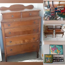 MaxSold Auction: This online auction features antique dresser, antique chair, expandable dining table, shelving, framed photography, yard tools and more!