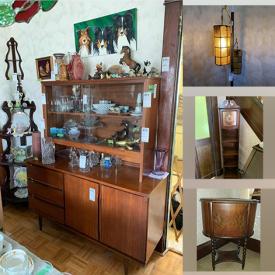 MaxSold Auction: This online auction features furniture such as an MCM wood headboard, shelving units, chairs, gateleg table, corduroy armchair and more, upright clocks, original art, vintage glassware, kitchenware, tins, china, figurines, tools and much more!