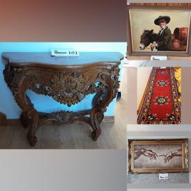 MaxSold Auction: This online auction features original signed paintings, silver plate, furniture such as carved entry table, carved dining set, sofa, and wooden hutch, home decor, Hummel, Noritake, Capodimonte, 40” Seiki TV, Craftsman lawn mower and much more!