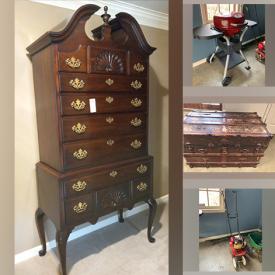 MaxSold Auction: This online auction features furniture such as Pottery Barn end tables, dressers, bedframe, Broyhill chest, highboy, Thomasville seating, coffee table, upholstered chairs, La-Z-Boy recliner, butler's table and more, art, decor, collector plates, Royal Doulton Toby jugs, platters, sterling silver, fireplace tools, floor lamp, vintage Hotpoint refrigerator, painting supplies, Masterbuilt grill, Honda tiller, spreader and much more!