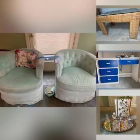 MaxSold Auction: This online auction features Accent Table And Asian Themed Decor, Upholstered Couch With Ottoman, Oval Glass Coffee Table, Wood Chest, Mid Century Lamp, Typewriter Desk, Bookshelf, Chair, Lockbox, Solid Wood Desk, Precor Roller, Serving Platters and much more