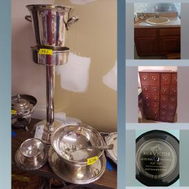 MaxSold Auction: This online auction features silver plate, furniture such as vanity with light, coffee table, and CD cabinet, Kohler sink, small kitchen appliances, home decor, Lionel trains, signed wall art, lamps, exercise equipment and much more!