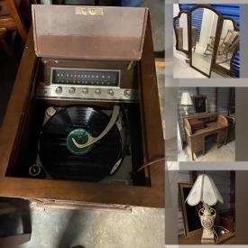 MaxSold Auction: This online auction features contents of storage unit including roll-top desks couch, love seat, rocking chairs, kitchen table & chairs, 3-way mirror, vanity, buffet, bookshelves, lamps, mirrors, dresser, lighthouse clock, velvet picture, wood jewelry box and much more!