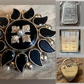 MaxSold Auction: This online auction feature jewelry, coins, silver bars, Brooches, Cuff links, Waterford Crystal, shelf, trunks, Records much more!