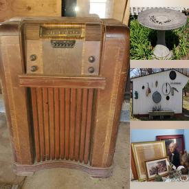 MaxSold Auction: This online auction features various items such as Philco Radio, Patio Chairs, Mower, Shelving Units, Wheel Barrow, Fishing Poles, Yard Tools, Vintage Bows, Outdoor Wall Decor, Vintage Cooler, Folding Chairs, Concrete Bird Bath, Antique And Vintage Bottles and much more!