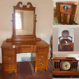 MaxSold Auction: This online auction features an Antique wardrobe, dining chairs, Antique China cabinet, sewing cabinet, Antique chairs, Crystals and glassware, small marble slab, Grinnell Bros Piano And Bench, oil lamps, yard tools and much more!!