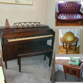MaxSold Auction: This online auction features furniture such as chairs, table, kids rocker, desk, rolltop desk, sofa, antique vanity, shelving units and more, incinerating toilet, vinyl records, Kitchenaid mixer, storage jars, spinning wheel, Replogle floor globe, sewing machines, Gulbransen piano and much more!