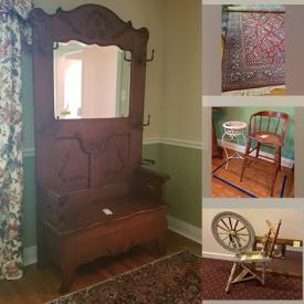 MaxSold Auction: This online auction features gas cans, Spode, patio table, desk, office supplies, vintage dining table, vintage child\'s chair, oak cabinet, barware, stereo cabinet, decor, Karastan rug, parlor chairs, Victorian sofa, shipping trunk, dresser and much more!