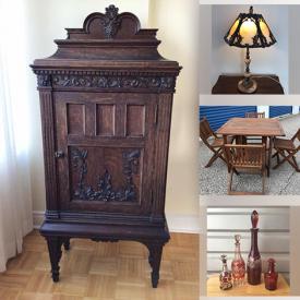 MaxSold Auction: This online auction features furniture such as vintage wood cabinet, vintage hardwood chairs, settees and hall stand, framed art, vintage lamps, glassware, Denby freezer, vintage decanters and much more!