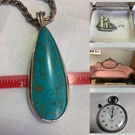 MaxSold Auction: This online auction includes sterling silver, mother of pearl, and turquoise jewelry, collector magazines, vintage couch, books, stop watch, NHL memorabilia, and much more!